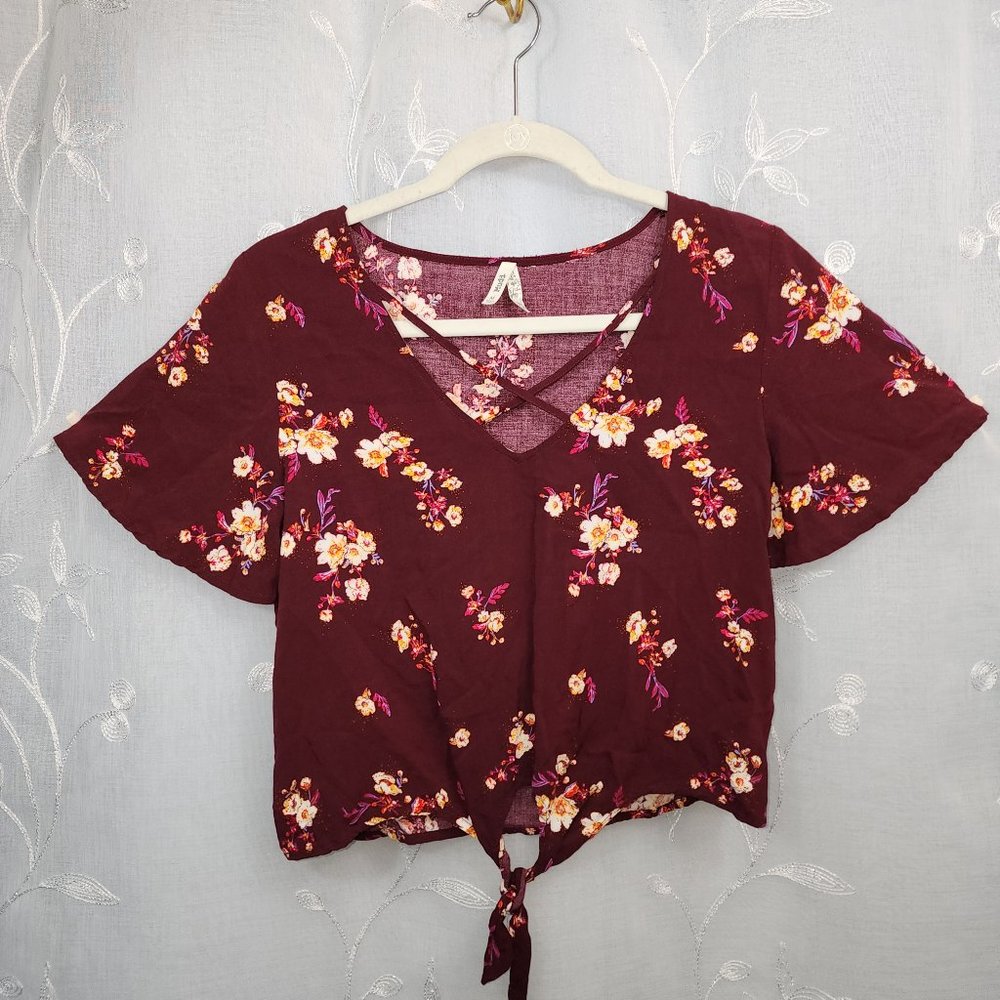 Mudd Burgundy Floral Blouse w/ Front Knot